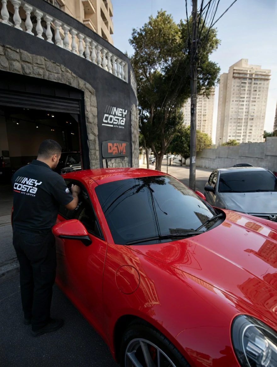 Técnico aplicando película automotiva profissionalmente em Jundiaí